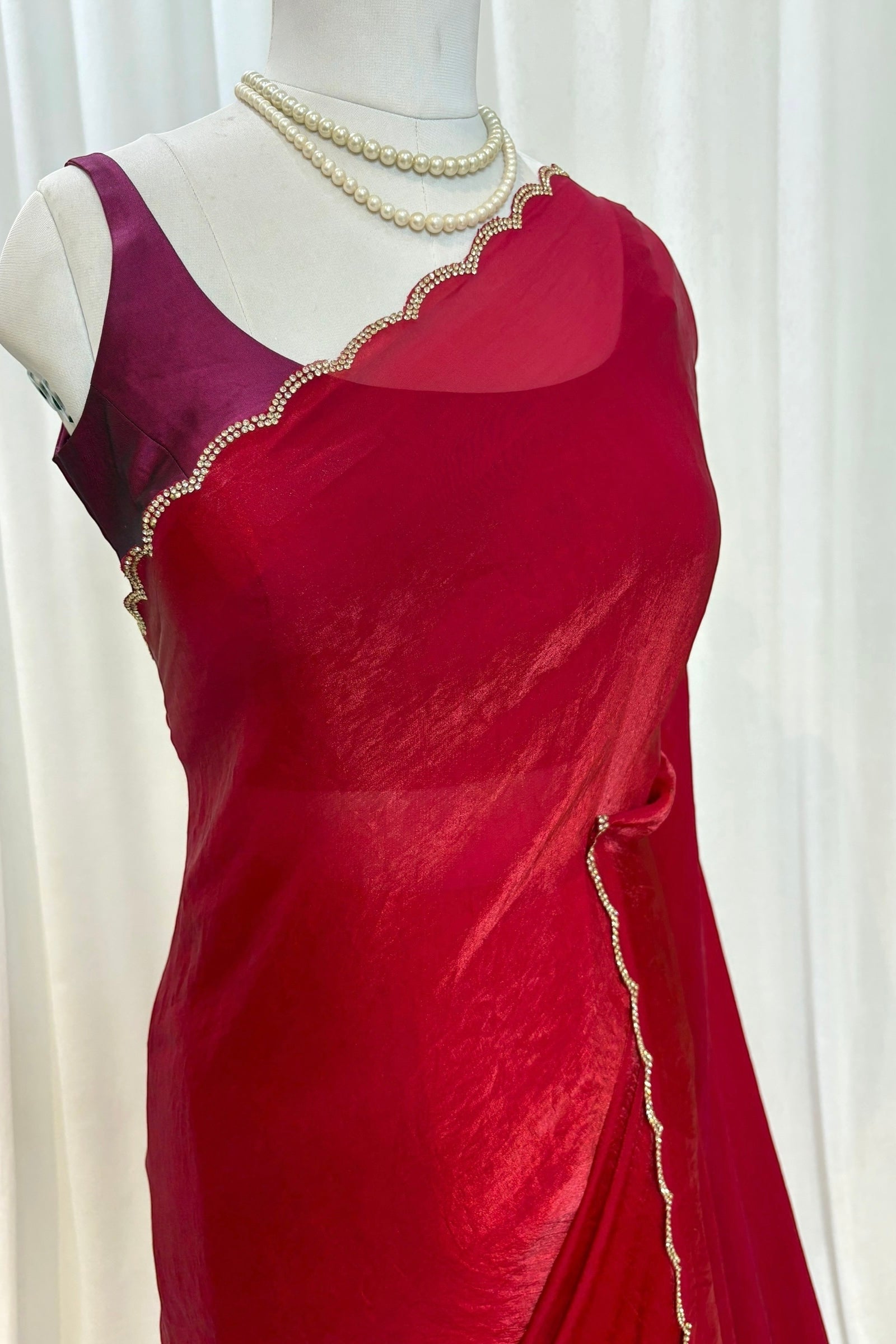 Crimson fendy satin embellished saree