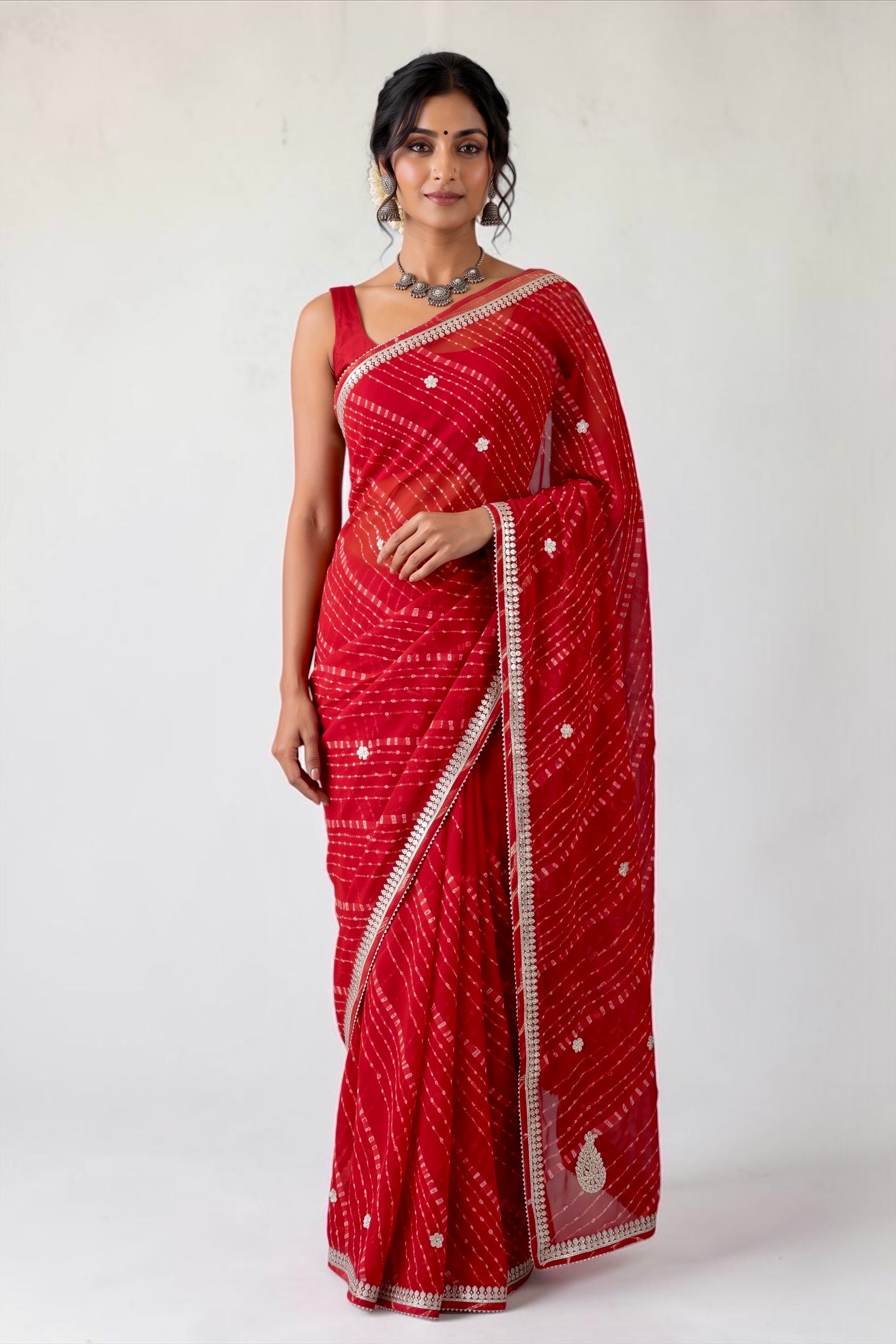 Georgette bandhani print gotta work saree - Red