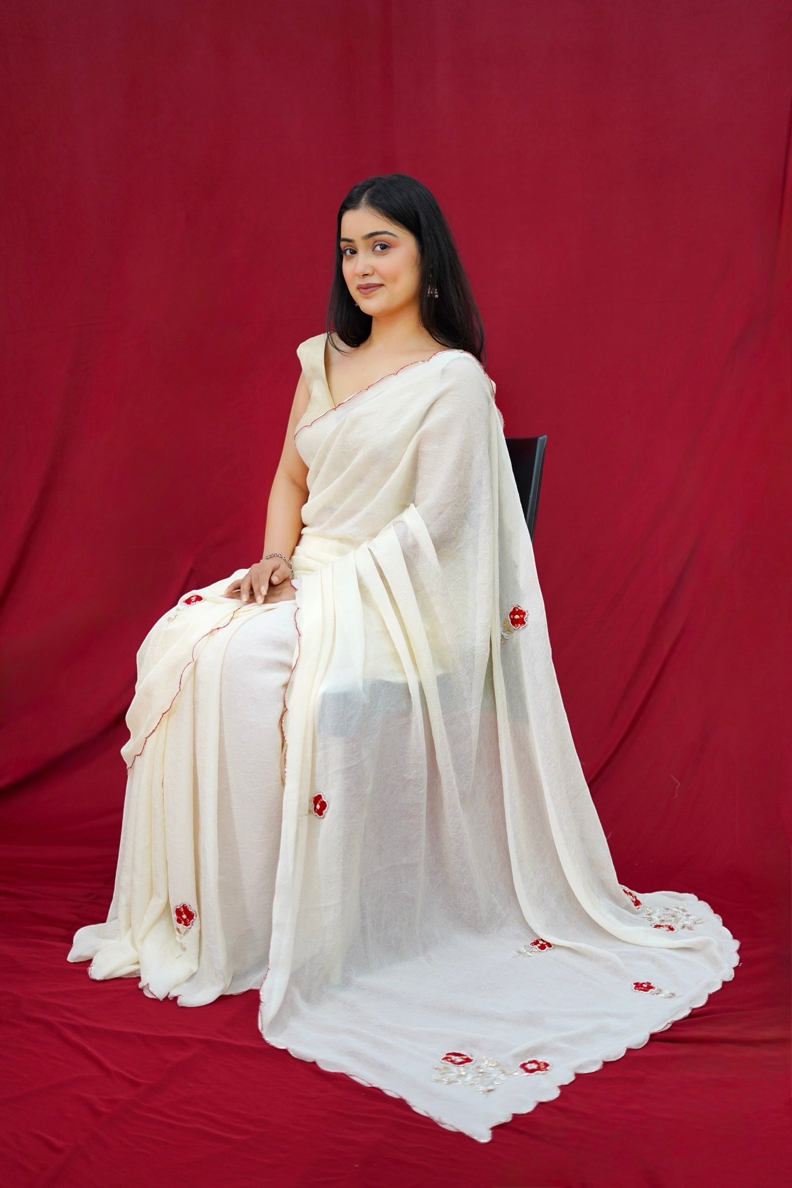 Dola silk bandhani embellished saree - Off White