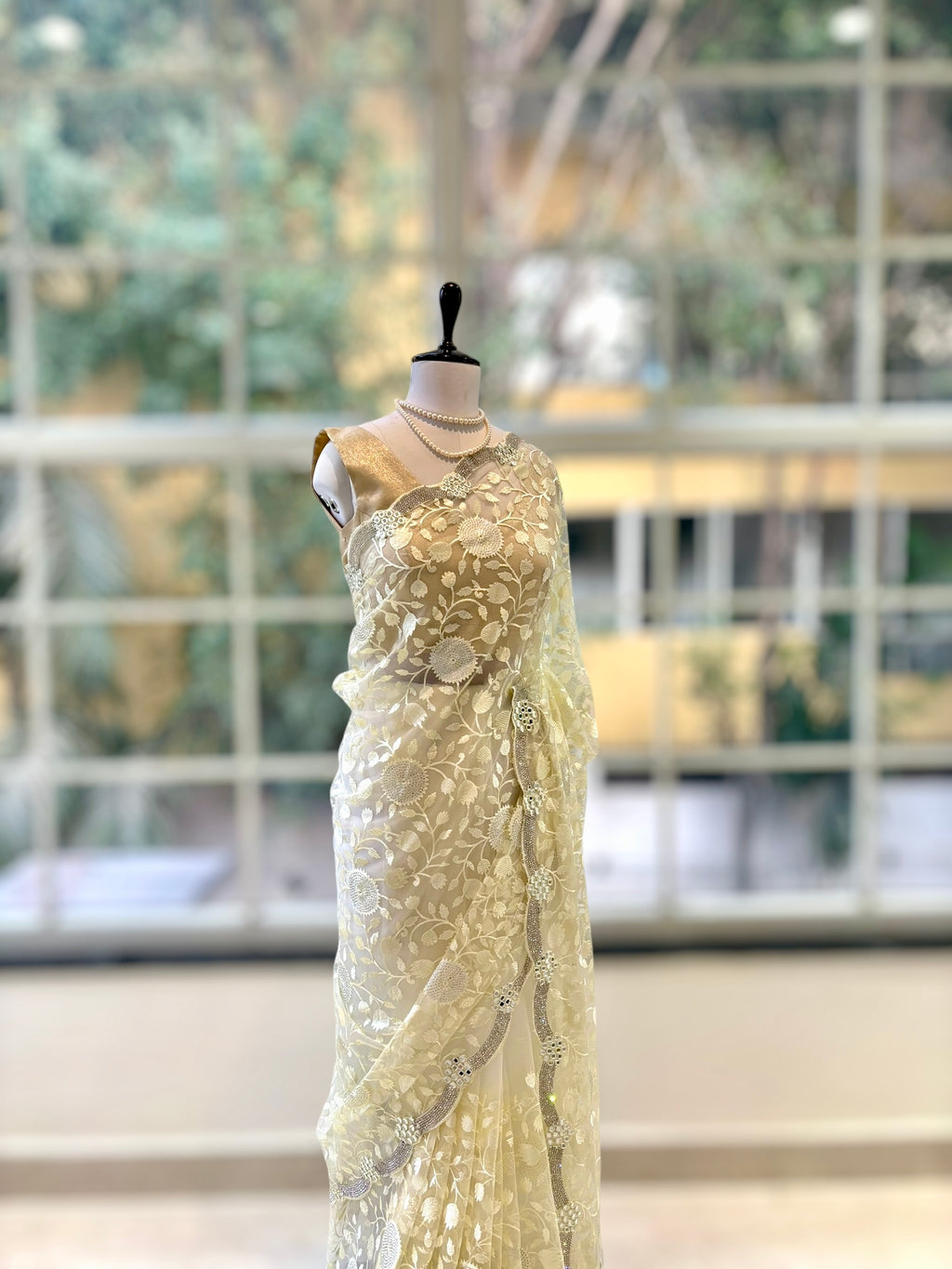 Off white floral net saree