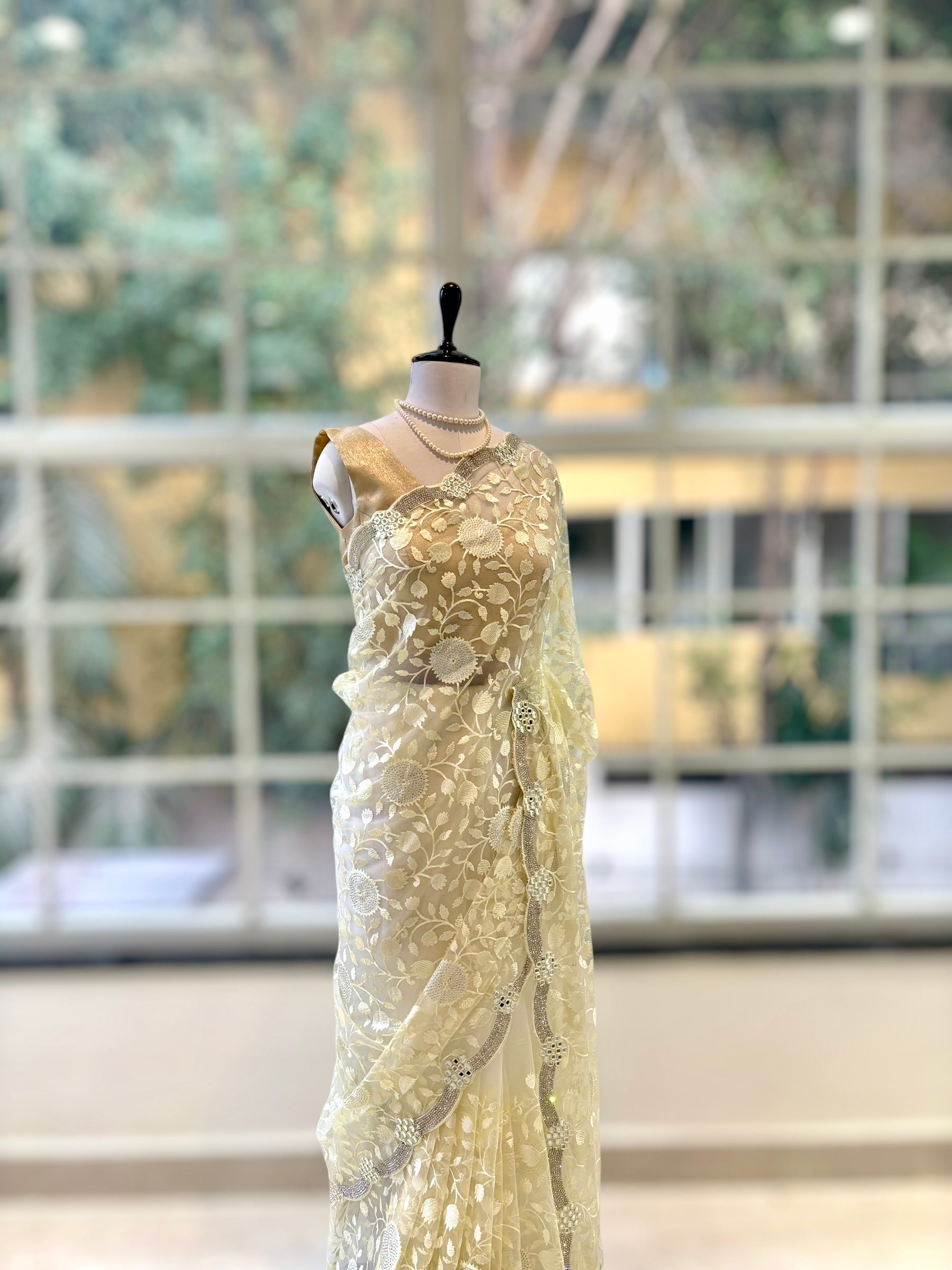 Off white floral net saree