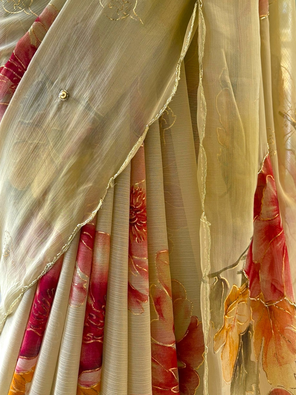 Floral chiffon embellished saree - Golden
