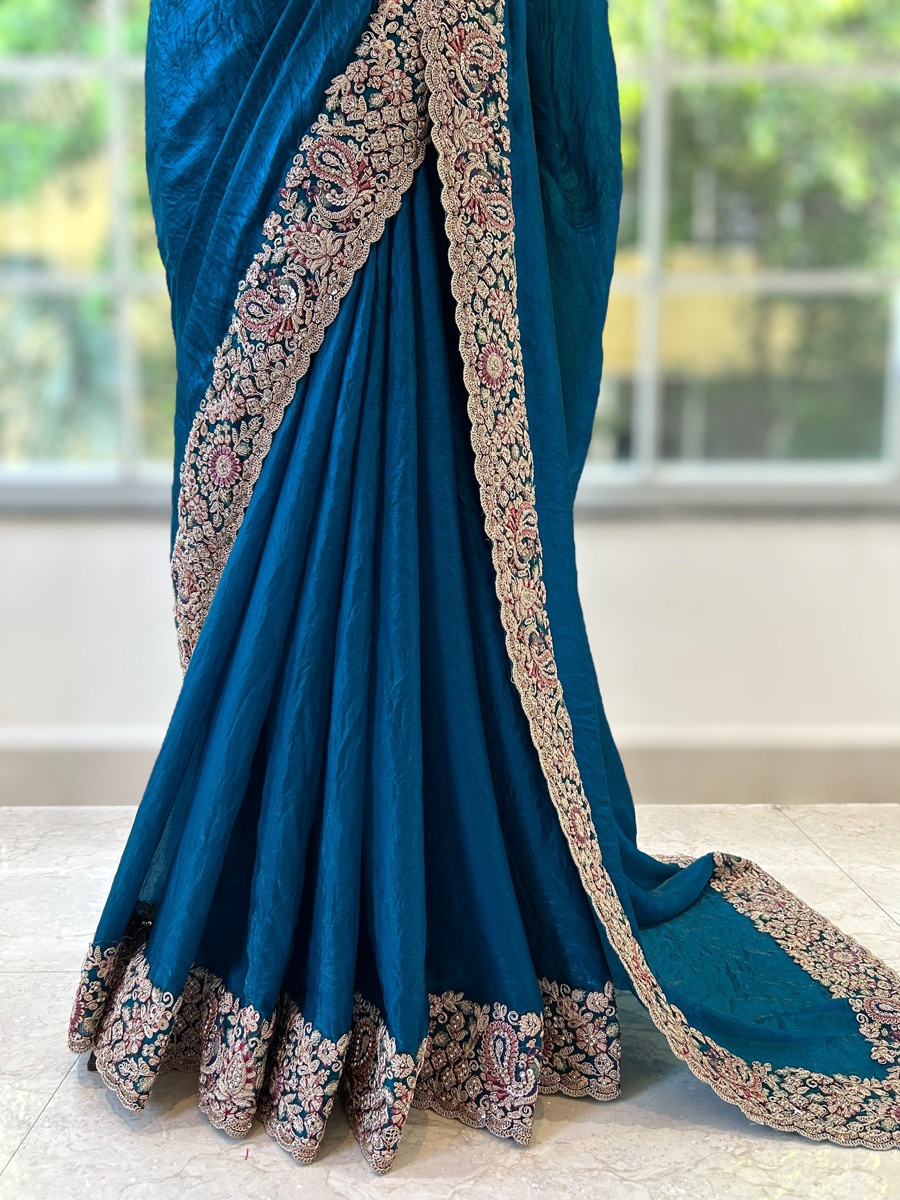 Crushed organza work saree