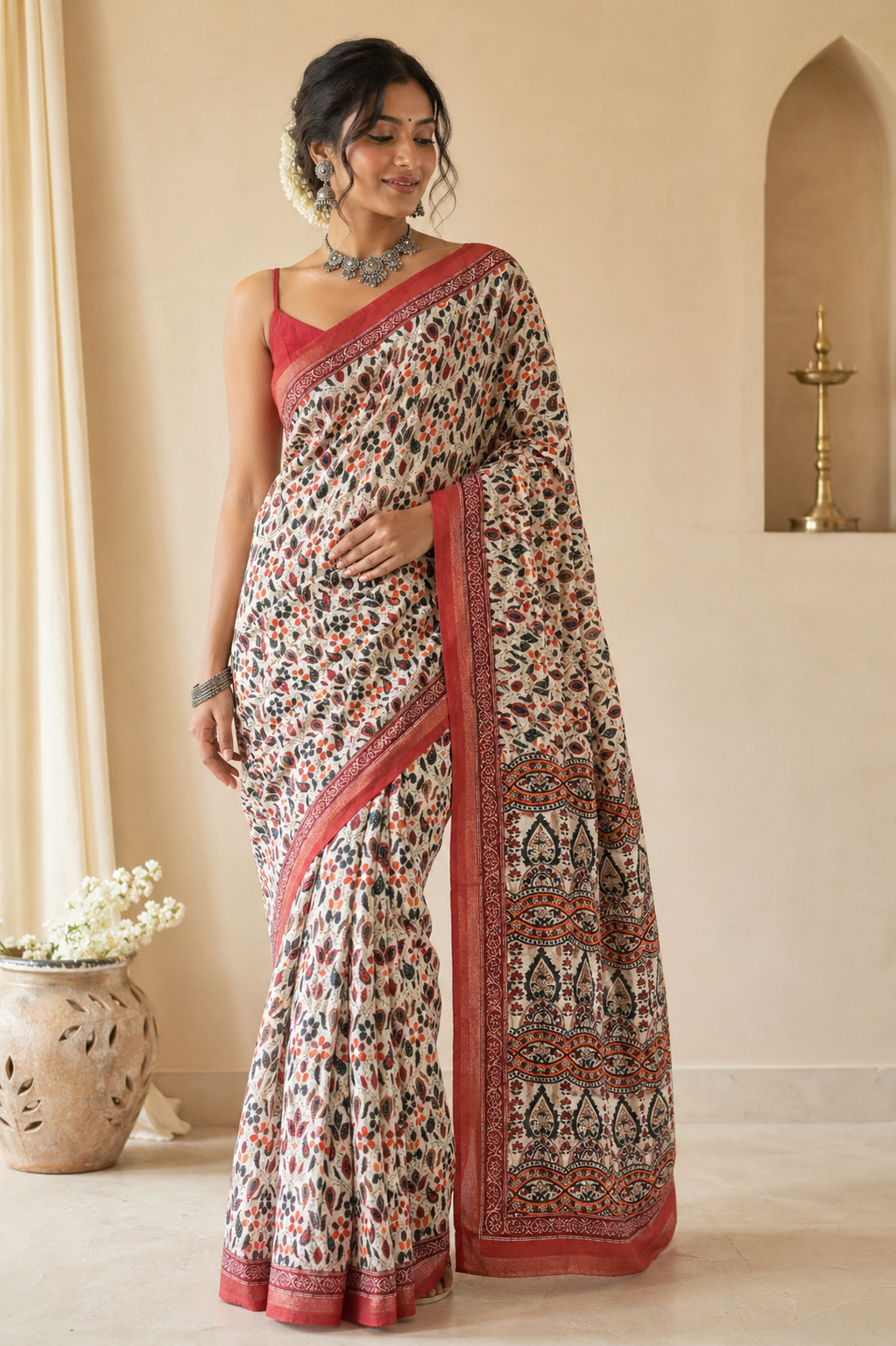 Soft muslin cotton saree - White