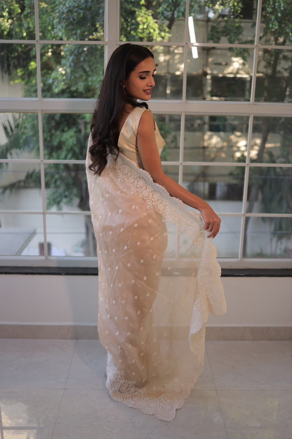 Lucknowi work saree - Nude