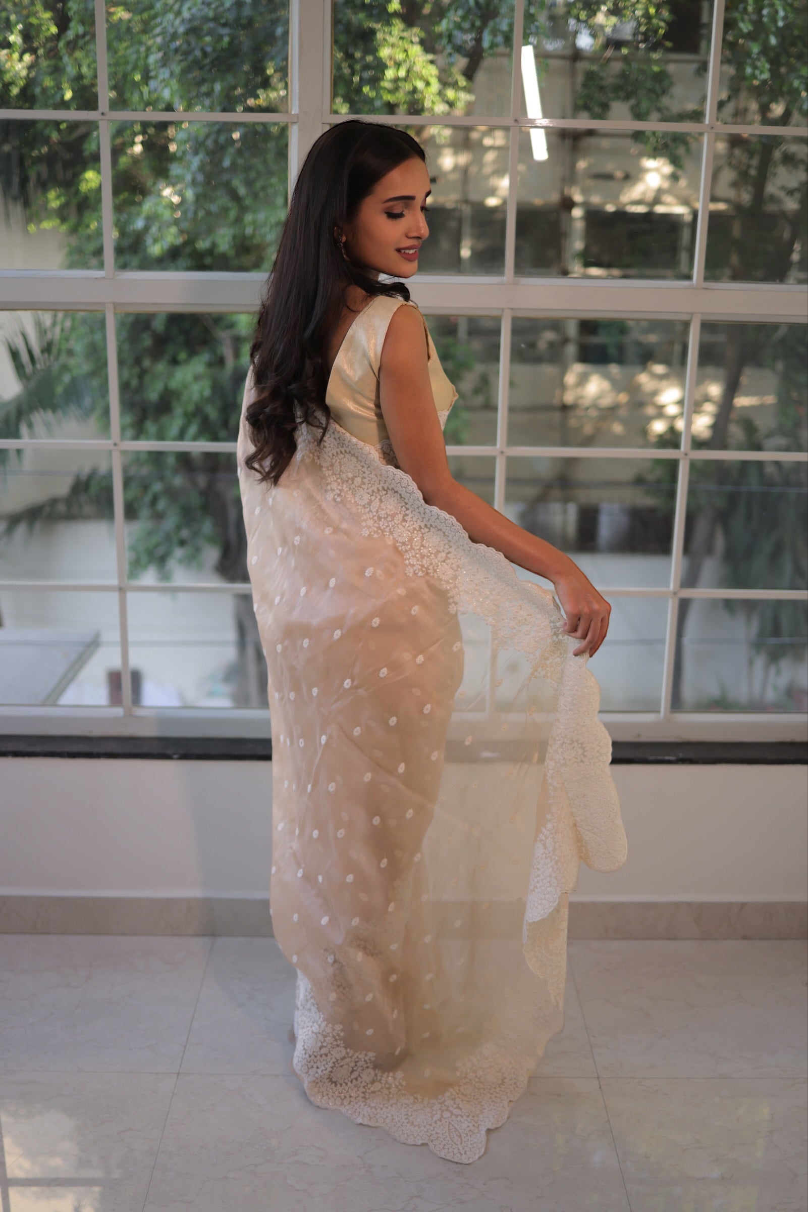 Lucknowi work saree - Nude