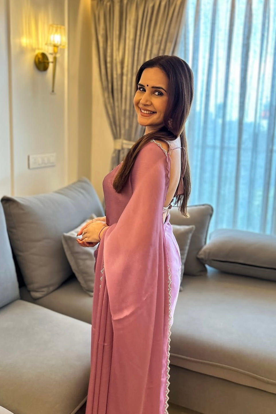 Pink swarovski embellished chiffon saree