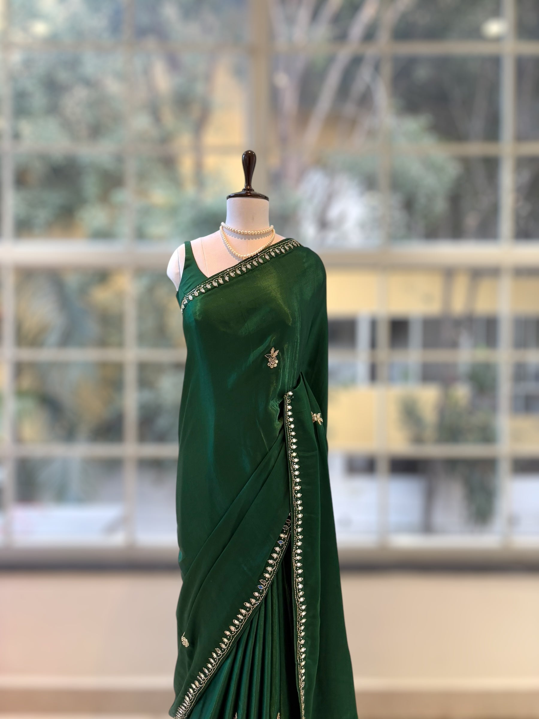 Modal satin mirror work saree - Bottle green