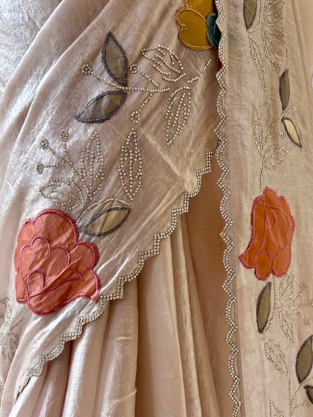 Fendy satin floral stone work saree - Nude