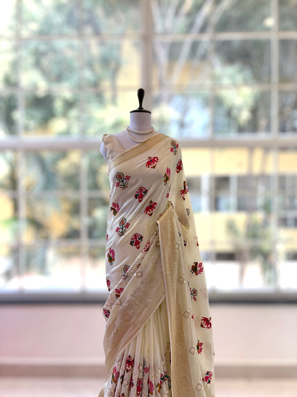Pure resham patola mirror work saree - White