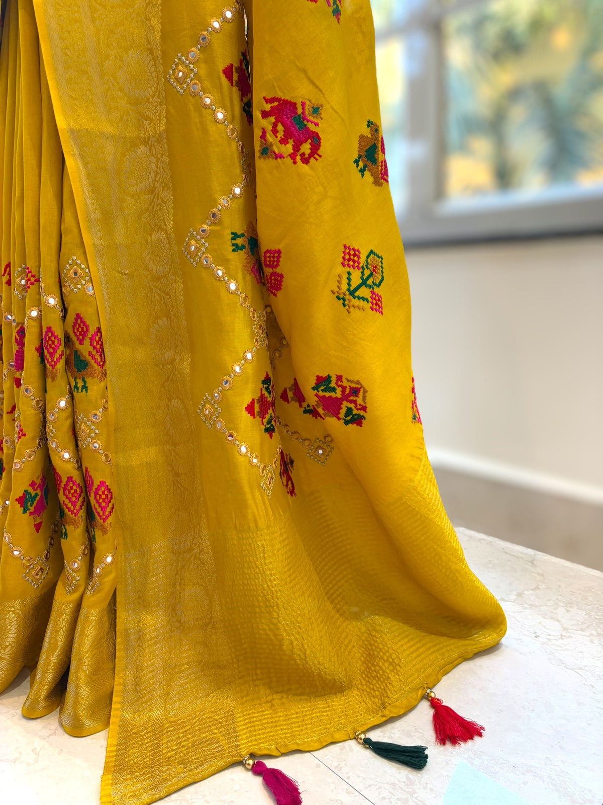 Pure resham patola mirror work saree - Mustard
