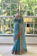 Pearl embroidered organza saree - Sky Blue