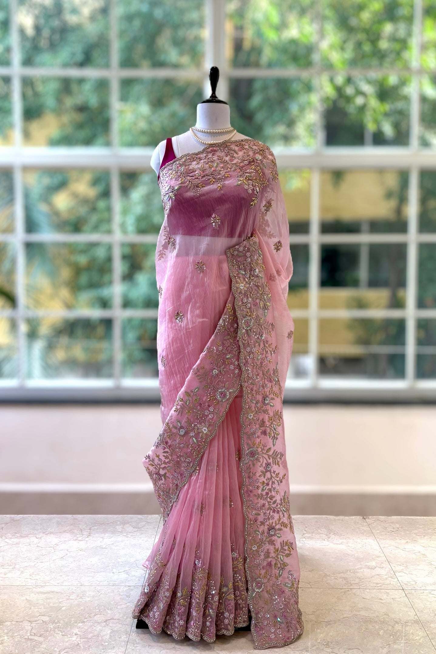 Pink Organza Embellished Saree