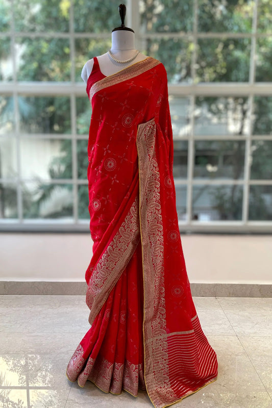 Red sequins zari saree