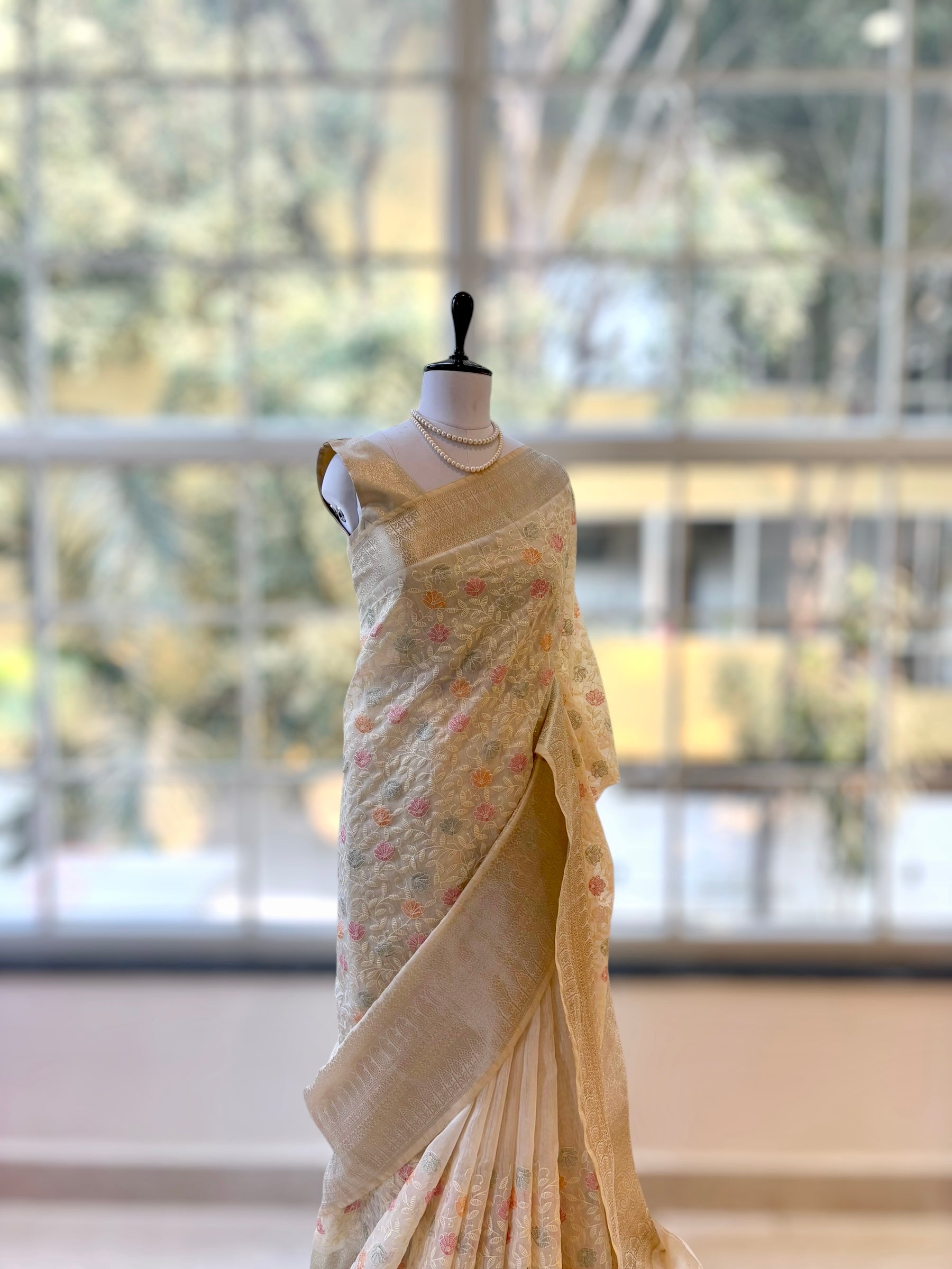 Floral embroidered threadwork saree - Multicolor