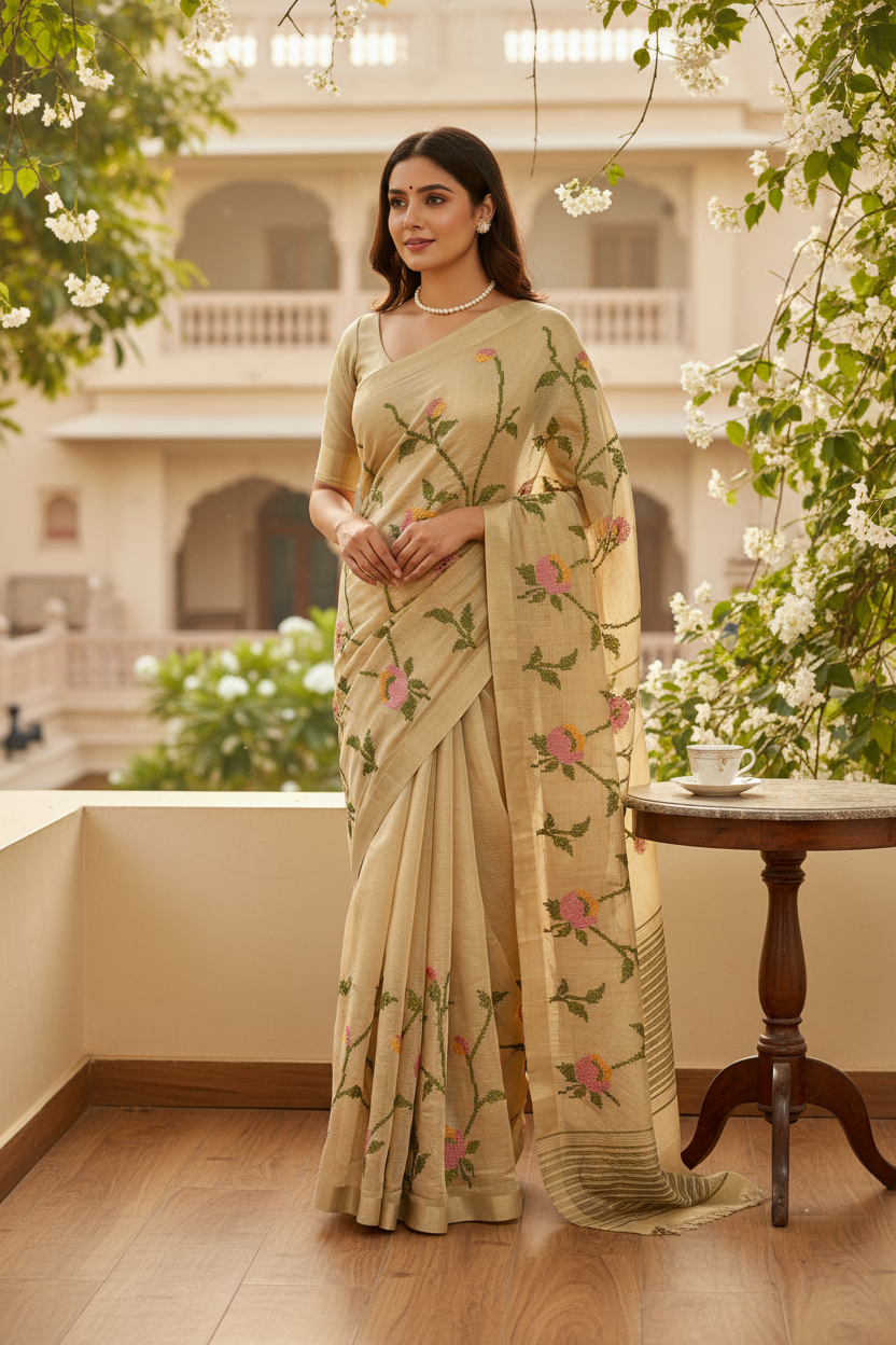 Golden resham work zari saree