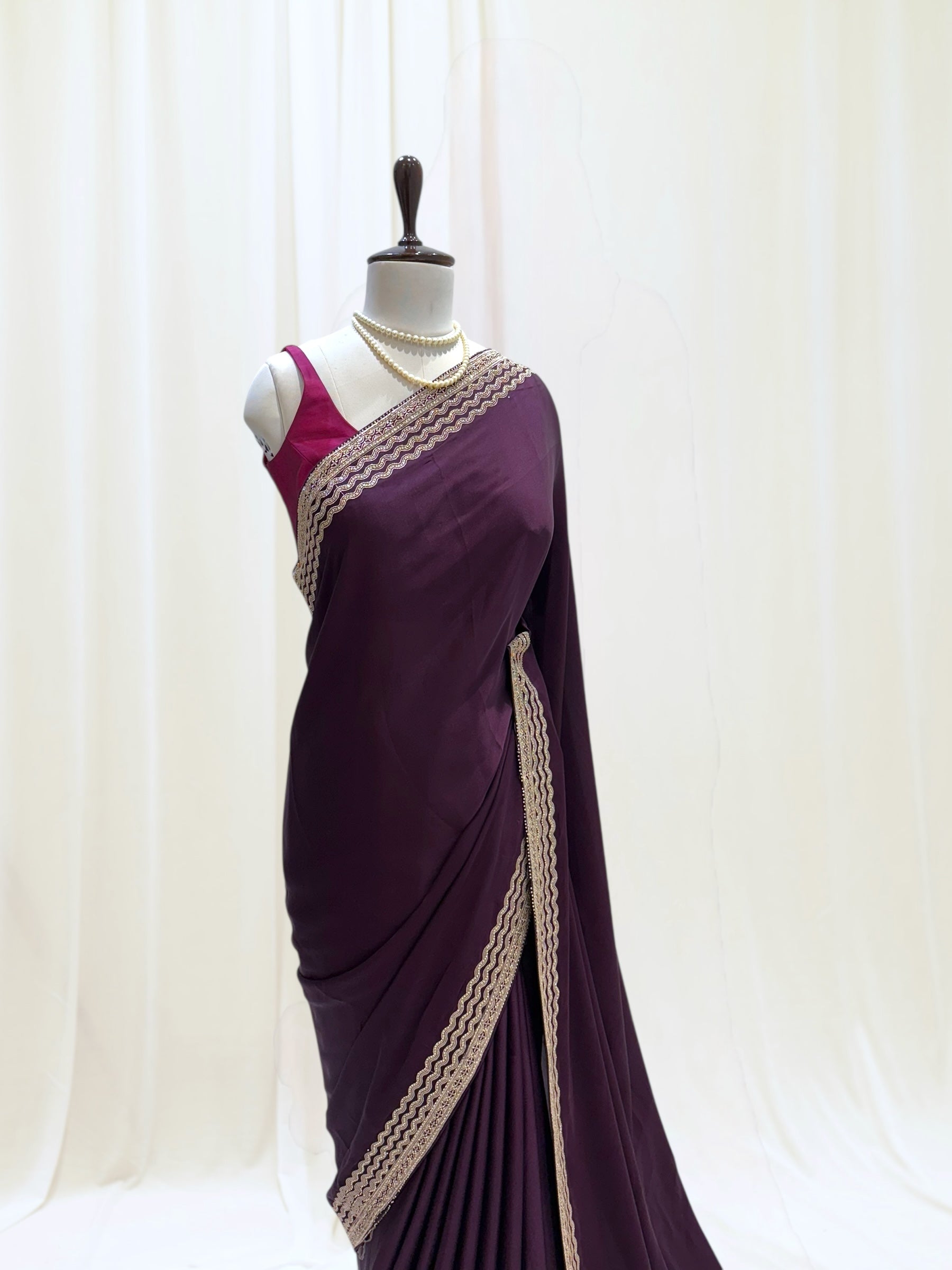 Plain minimalist satin saree - Purple