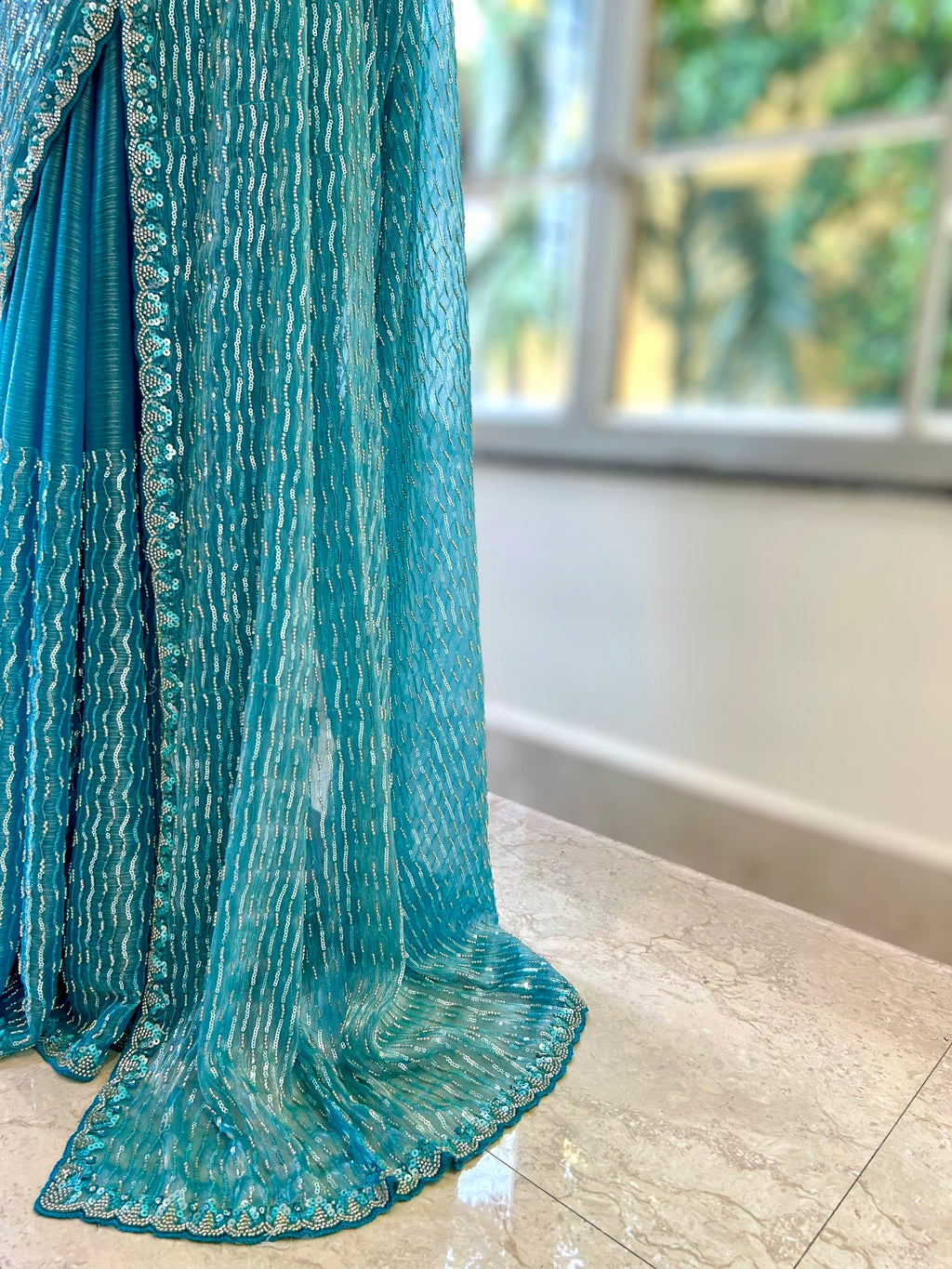 Shimmer Chiffon Embellished Saree - Blue