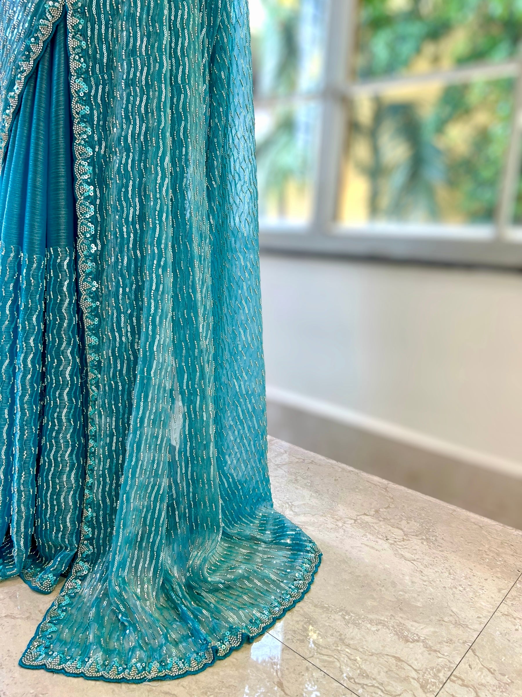 Shimmer Chiffon Embellished Saree - Blue