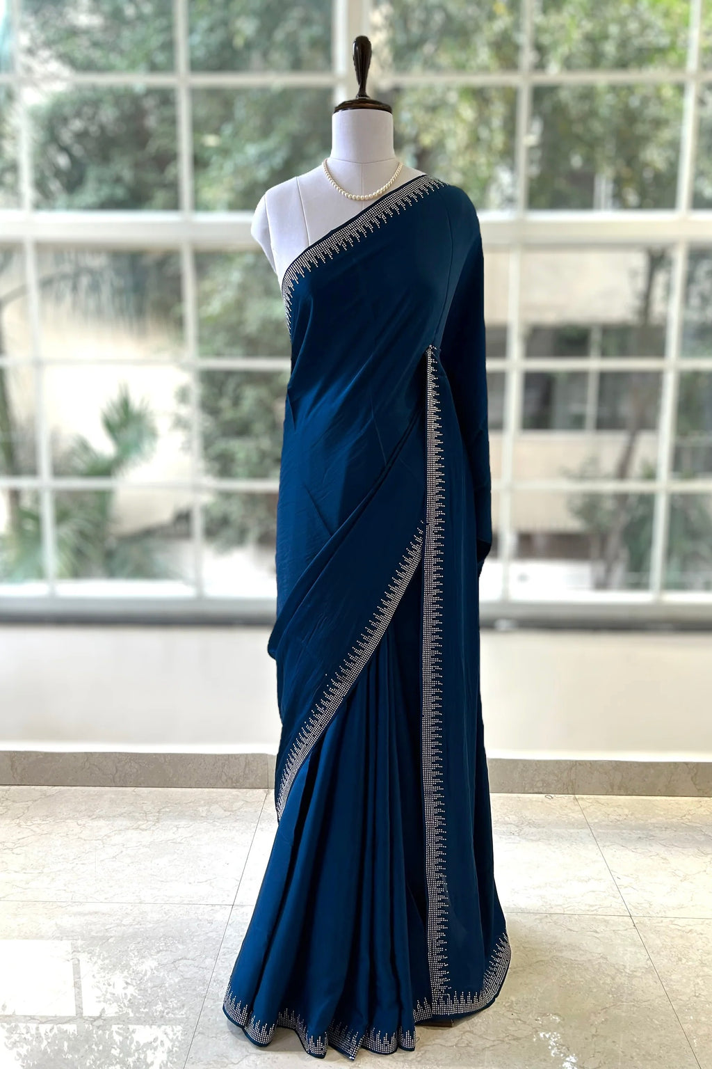 Teal blue satin saree