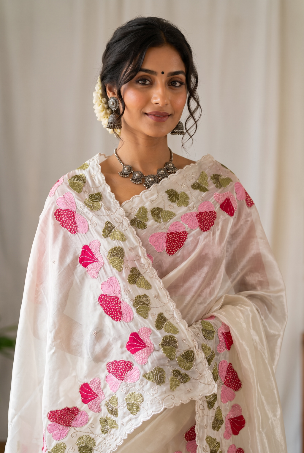 Floral sequins pure organza saree - White