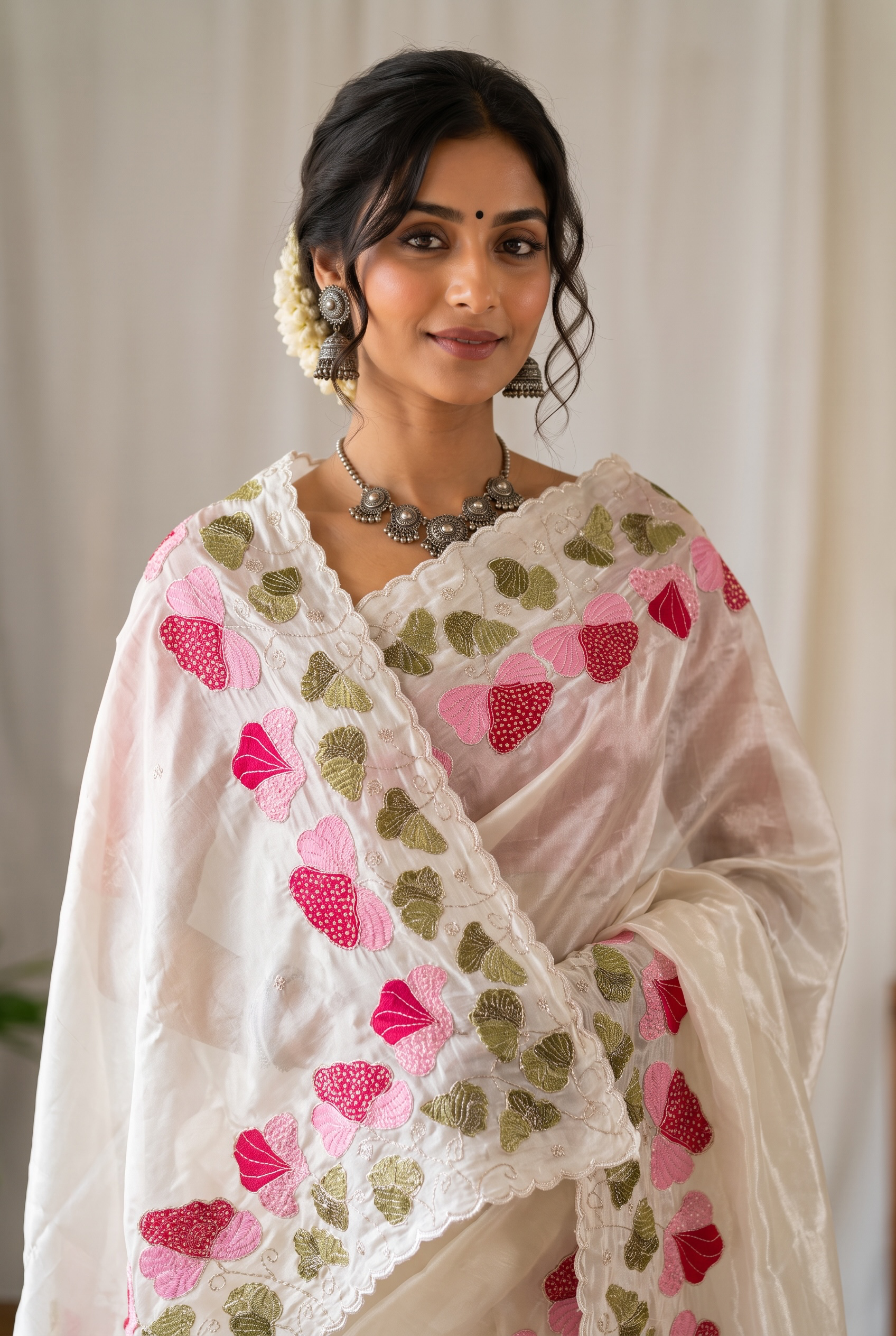 Floral sequins pure organza saree - White
