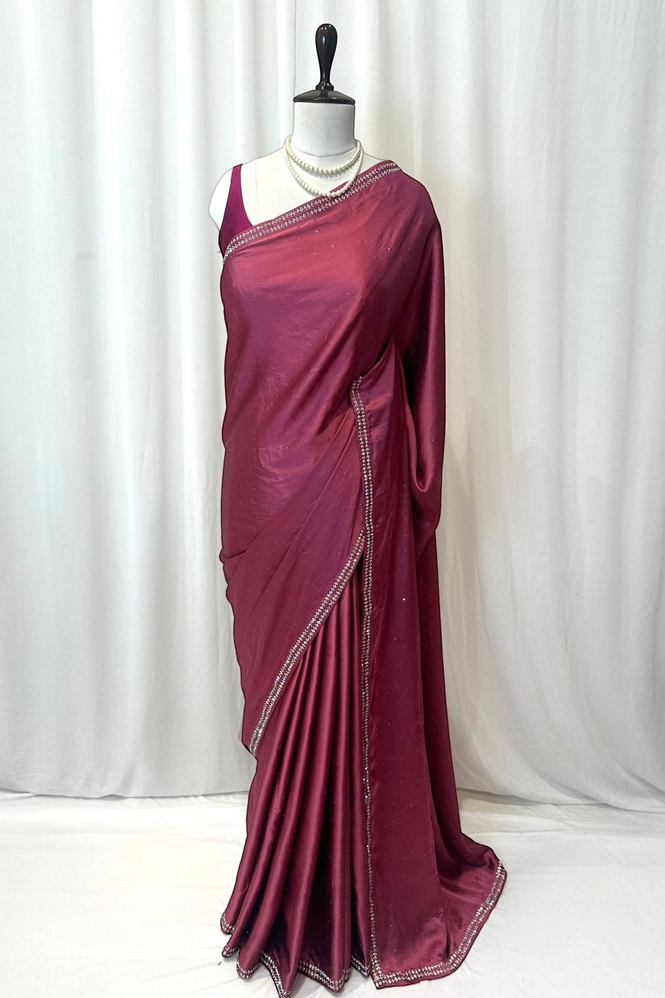 Satin swarovski embellished saree - Wine
