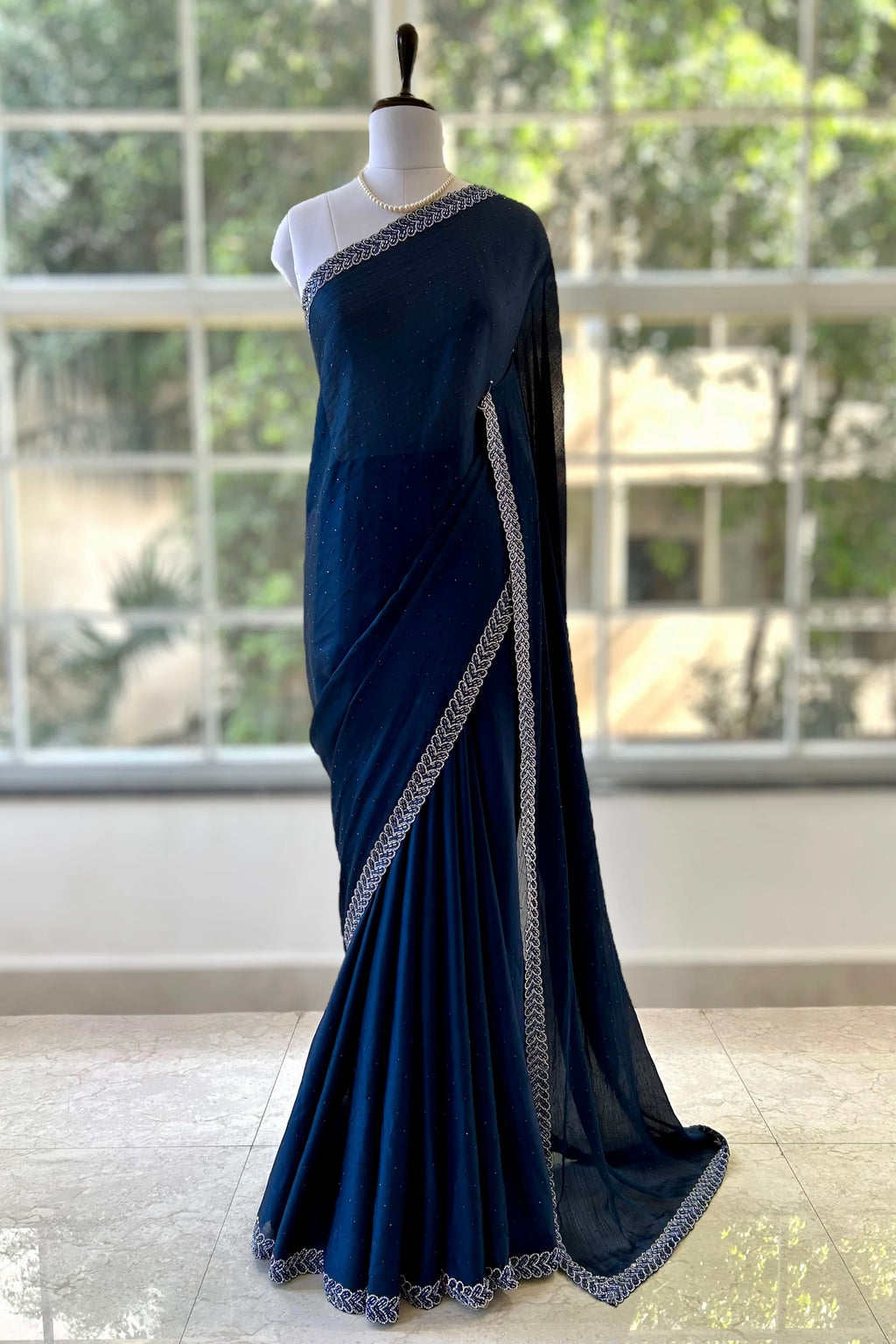 Navy blue organza saree