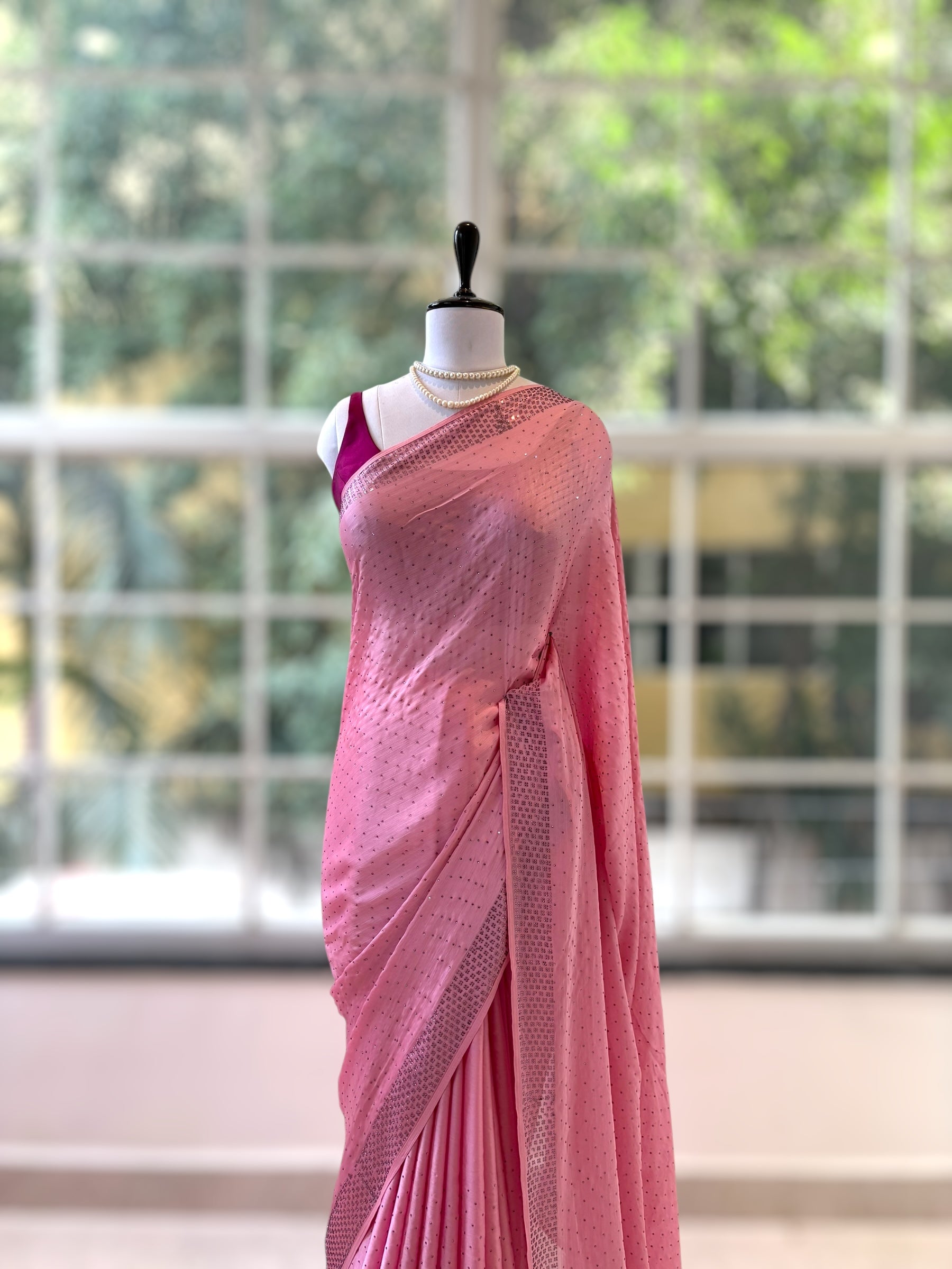 Pink swarovski satin saree