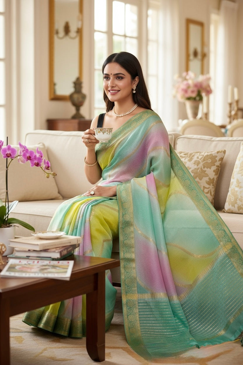 Multicolour Chiffon Threadwork Saree - Blue