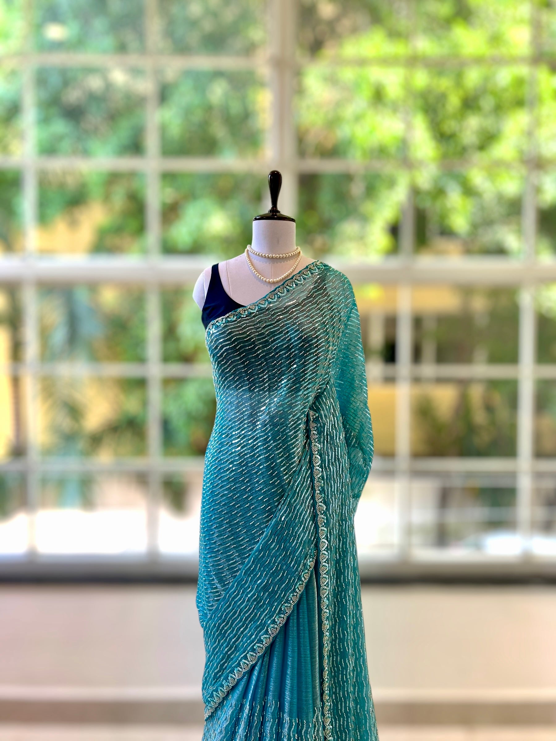 Shimmer Chiffon Embellished Saree - Blue