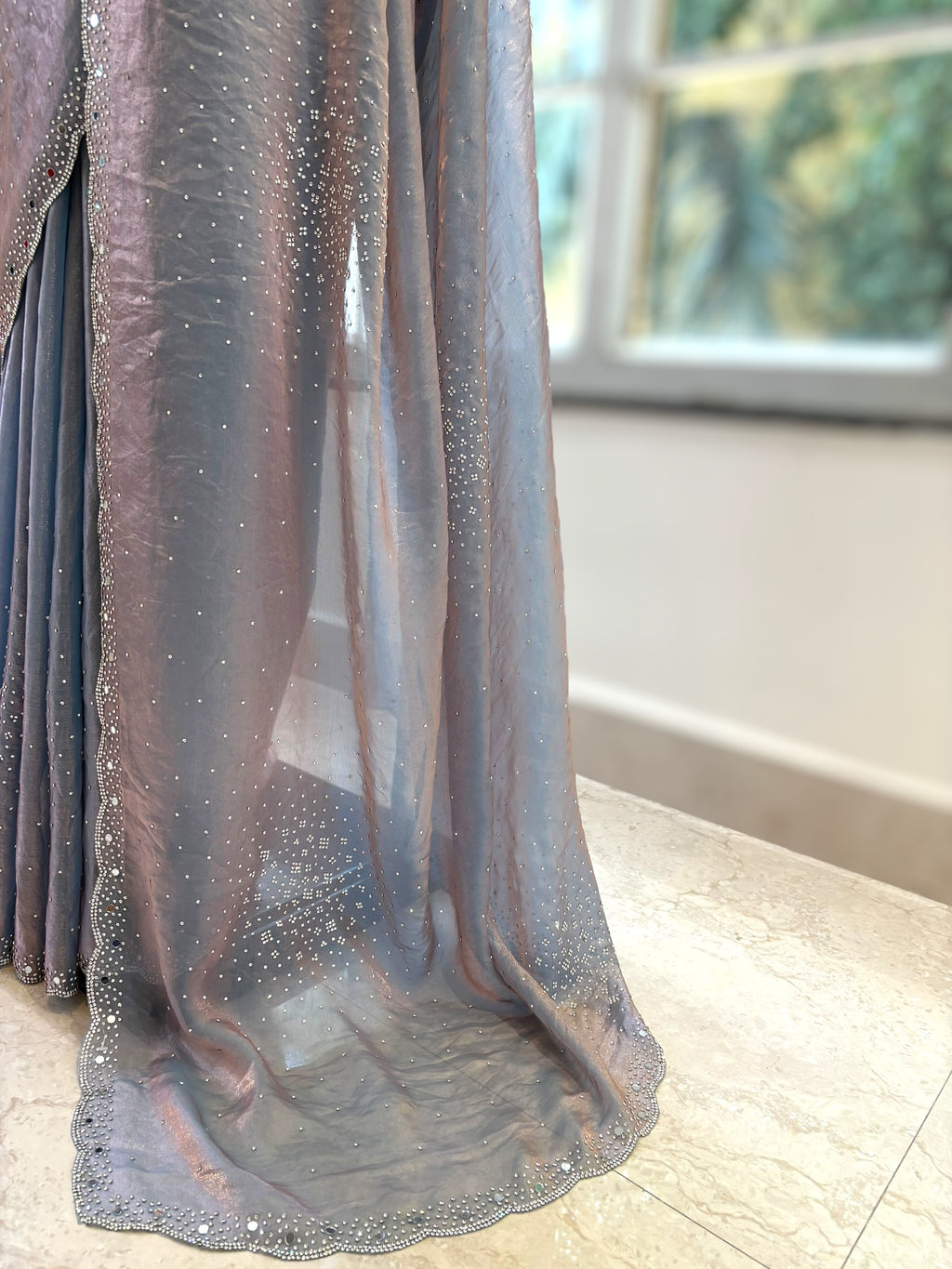 Swarovski shimmer satin saree - Grey