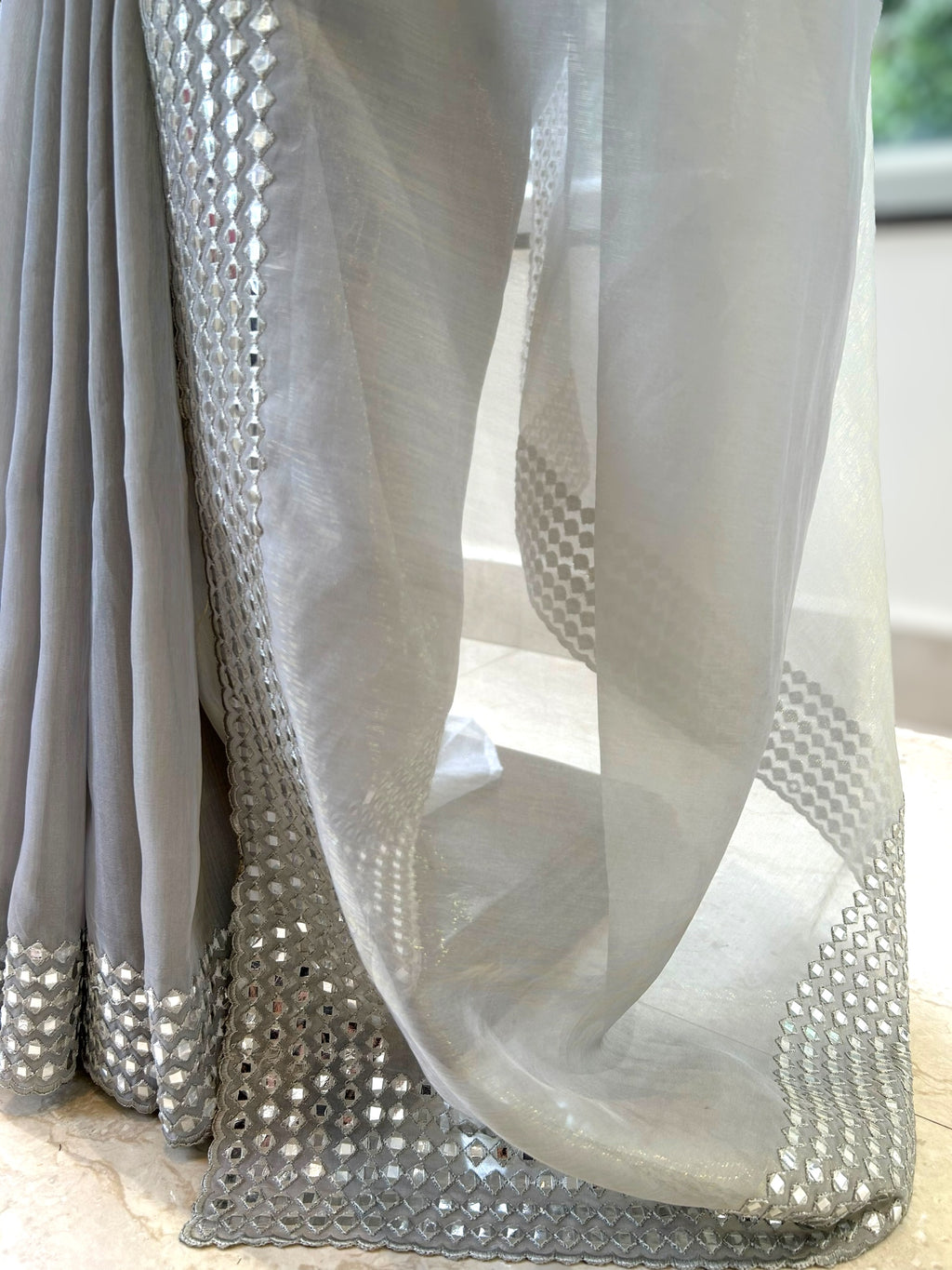 Grey mirror work organza saree