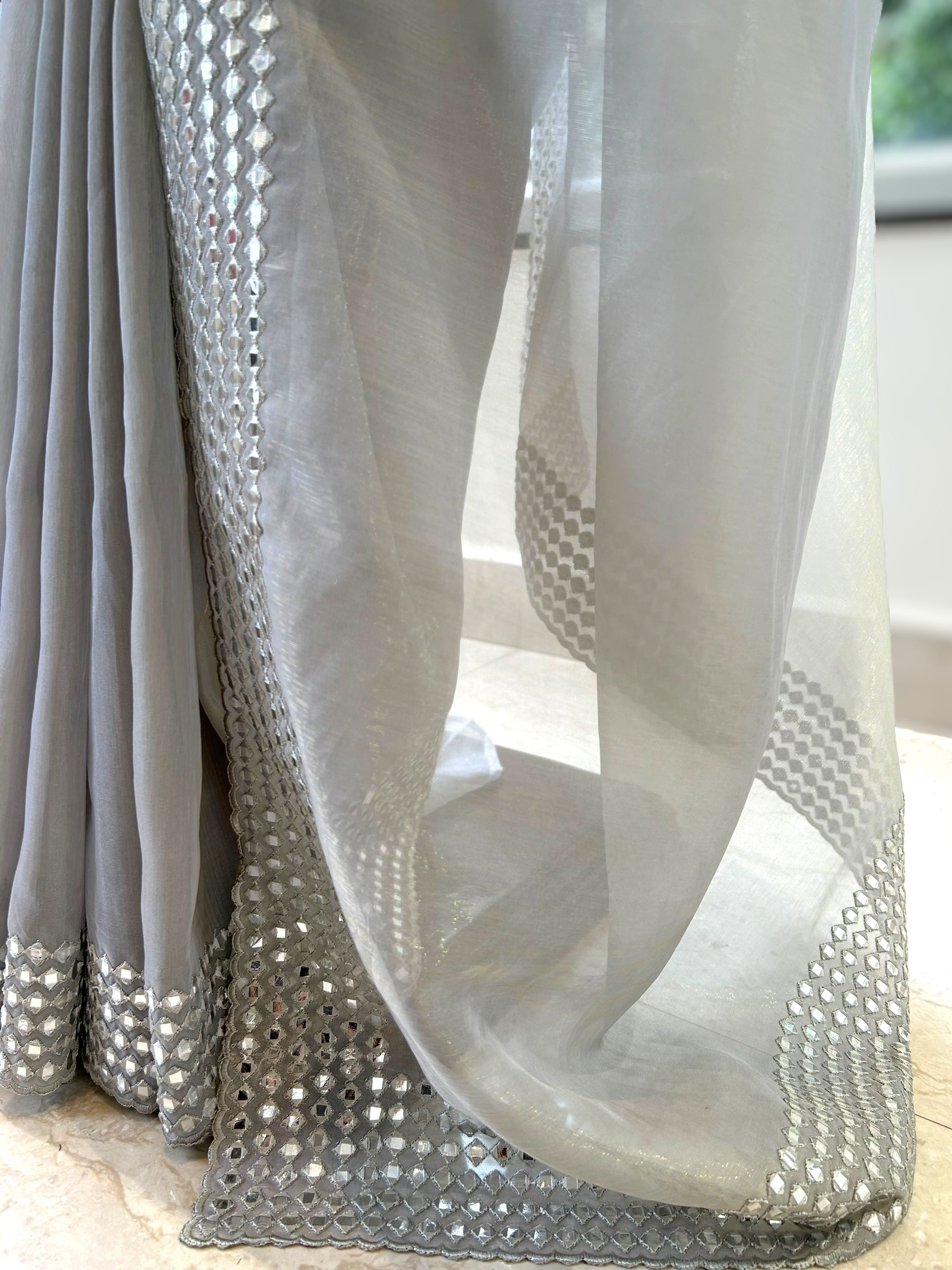 Grey mirror work organza saree