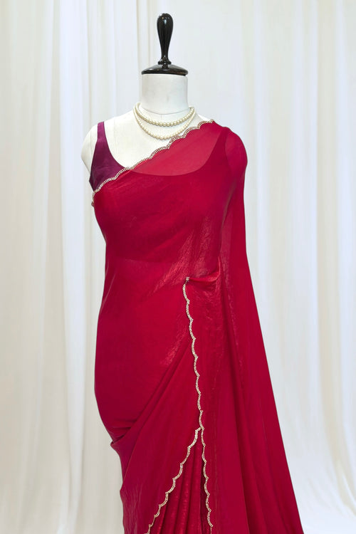 Crimson fendy satin embellished saree