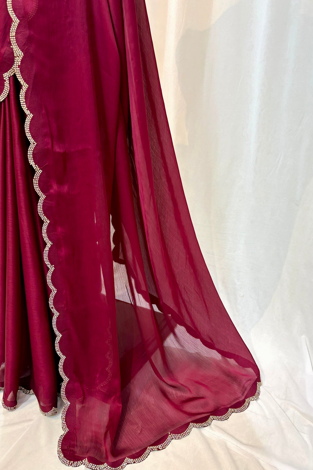 Satin chiffon scallop saree - Wine