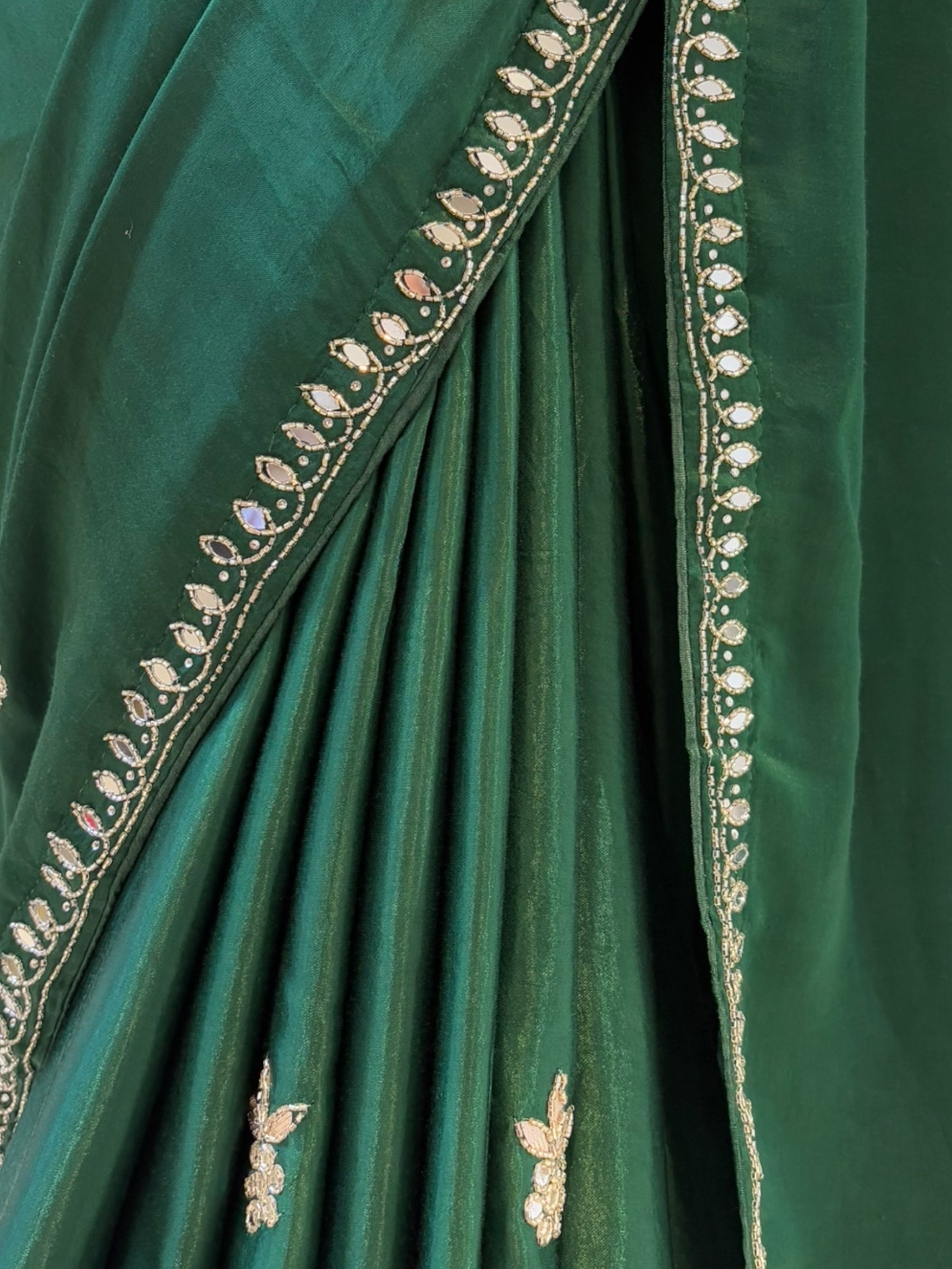 Modal satin mirror work saree - Bottle green
