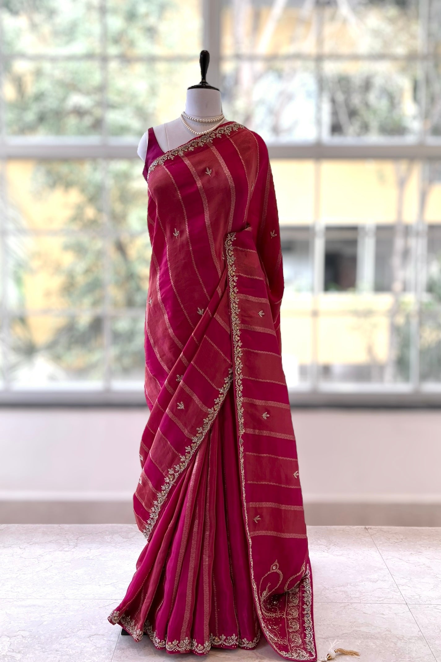 Fuchsia pink pure dola silk saree