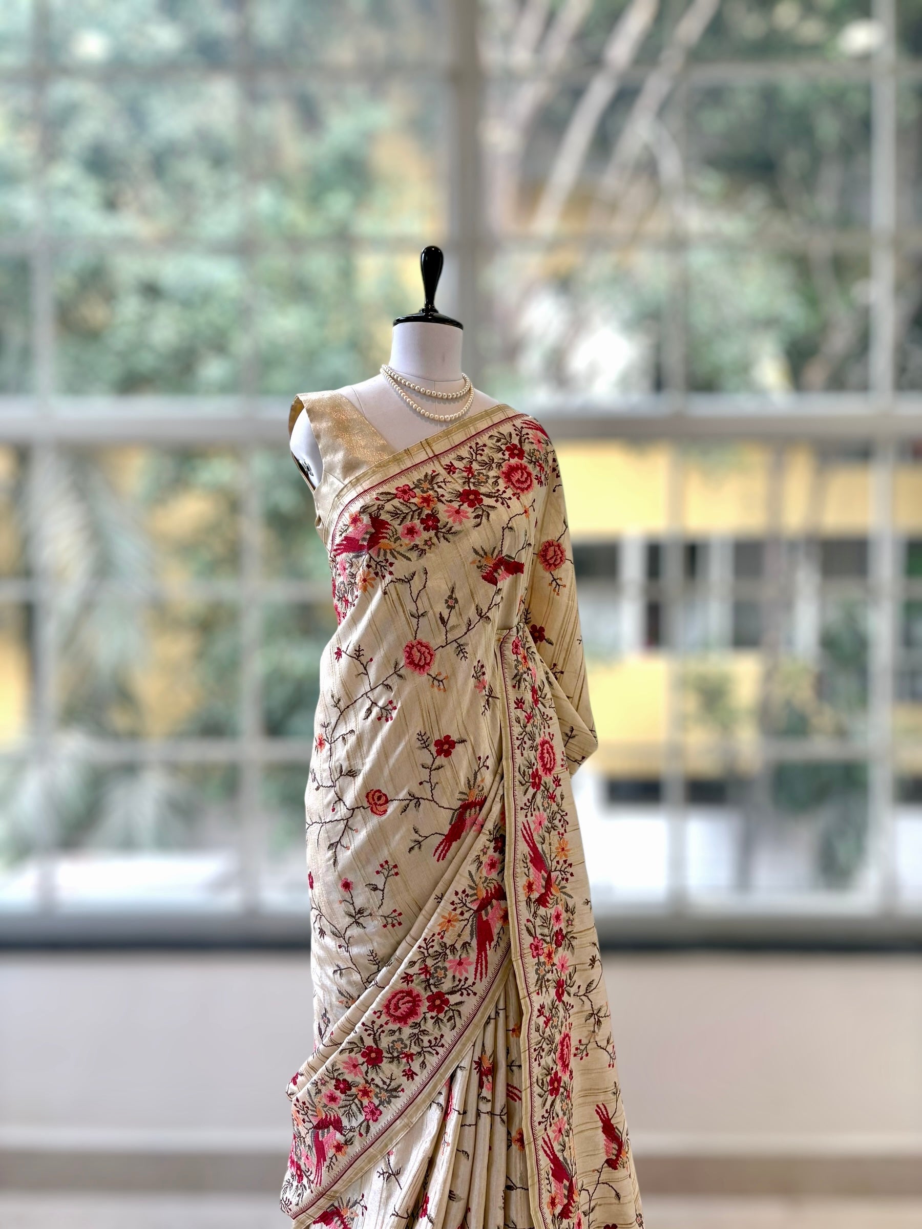 Beige resham threadwork saree