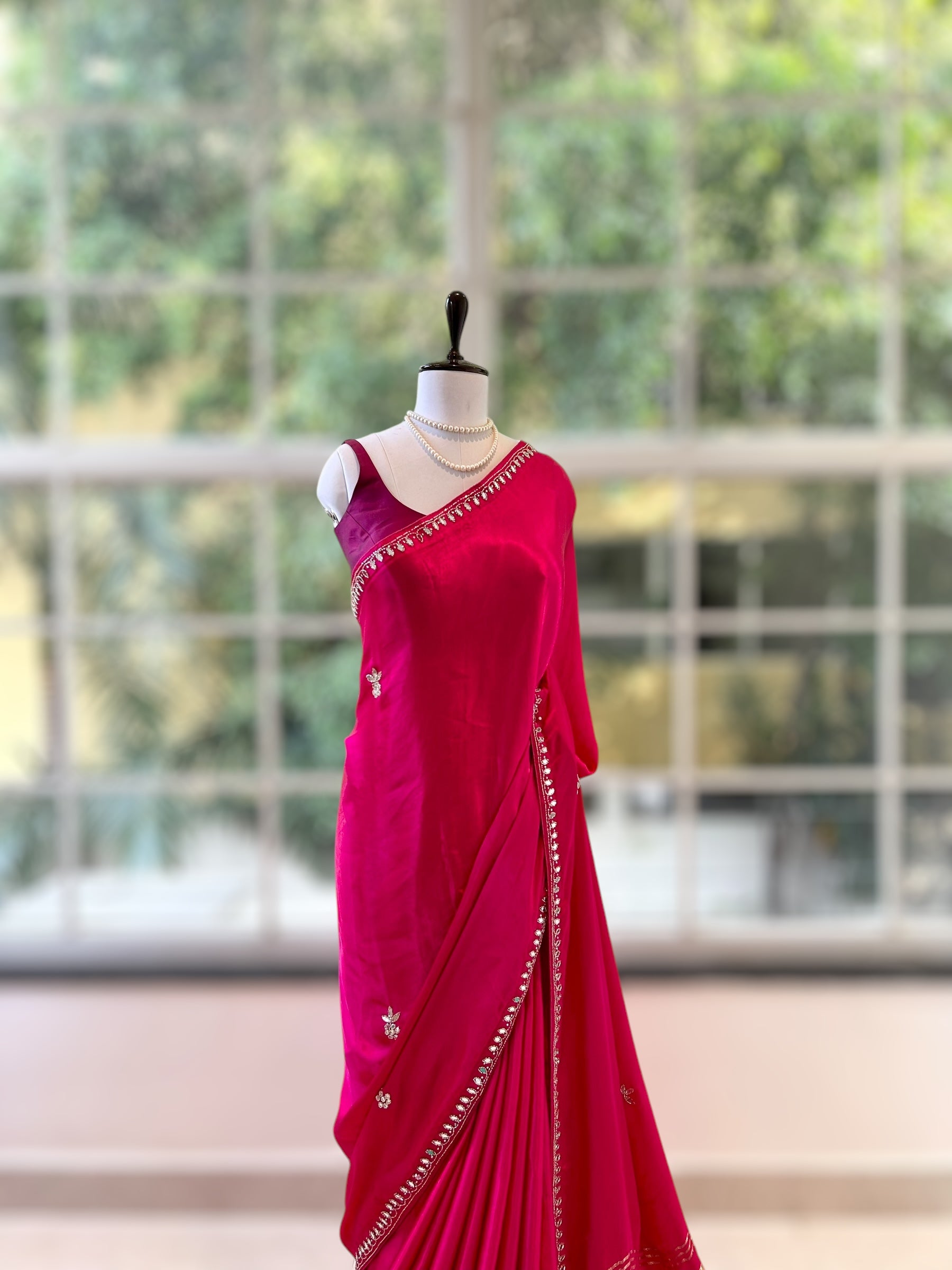 Modal satin mirror work saree - Pink