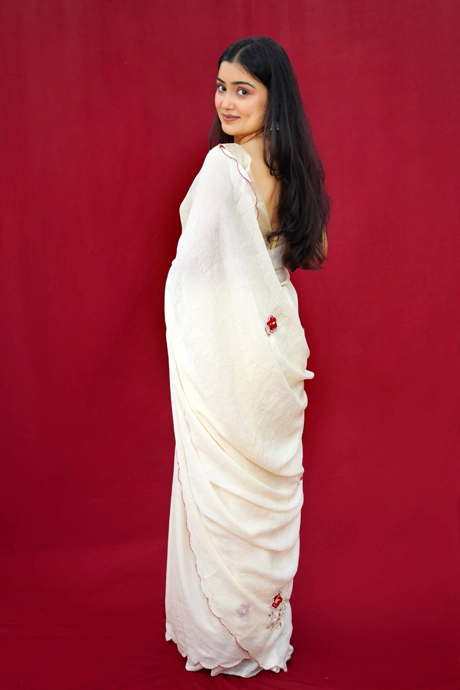Dola silk bandhani embellished saree - Off White