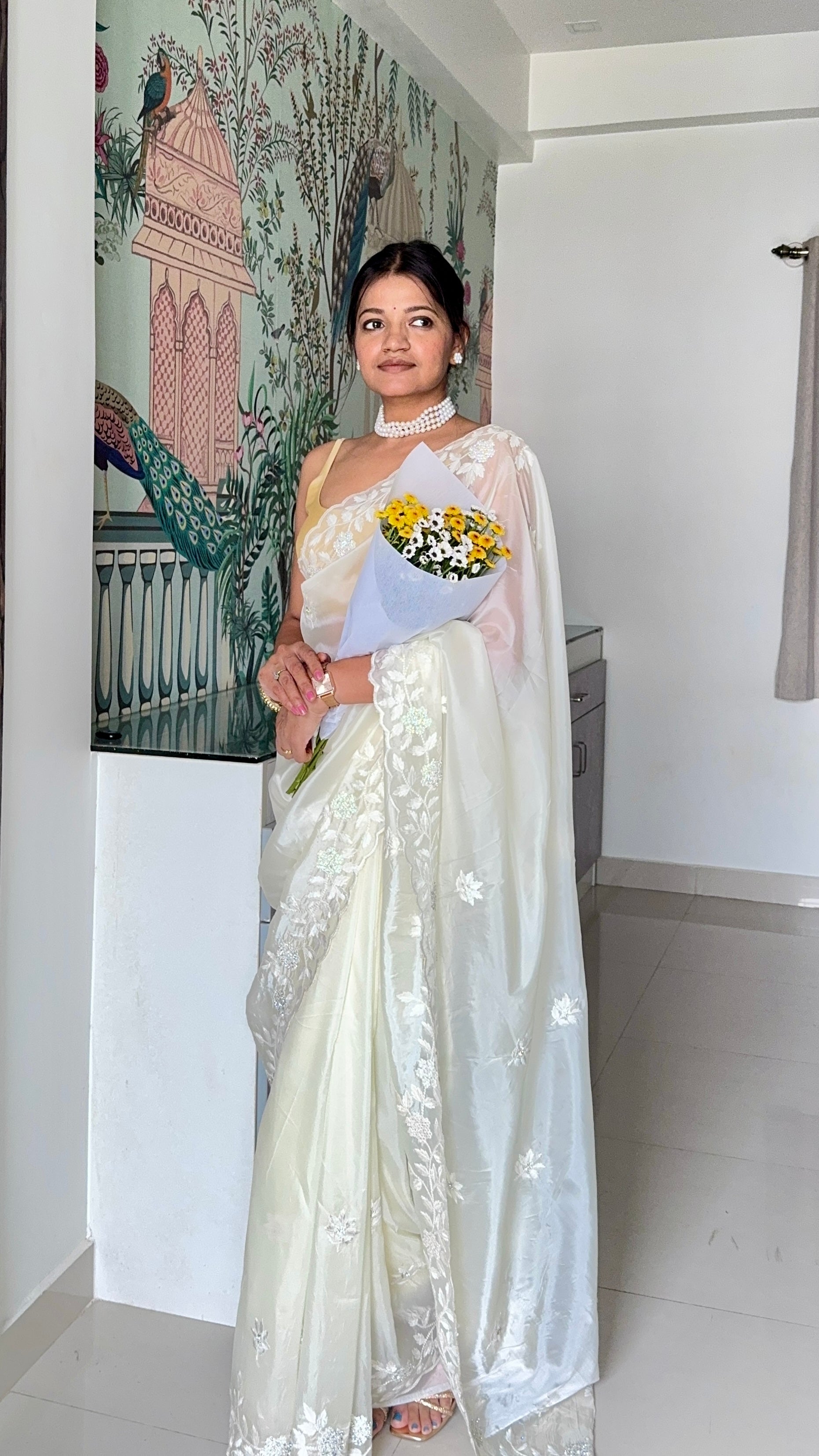 White threadwork embellished scallop saree