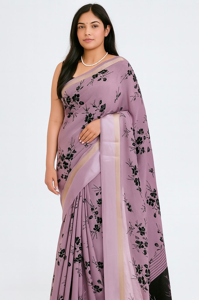 Floral printed chiffon saree - Purple