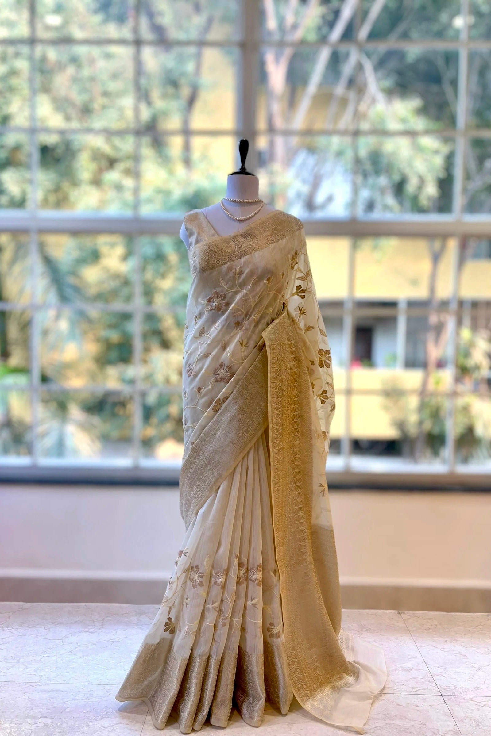 Floral embroidered threadwork saree - Golden