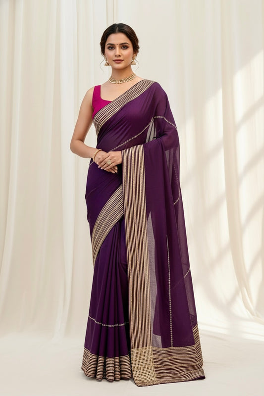Ho silk cutwork embellished saree - Violet