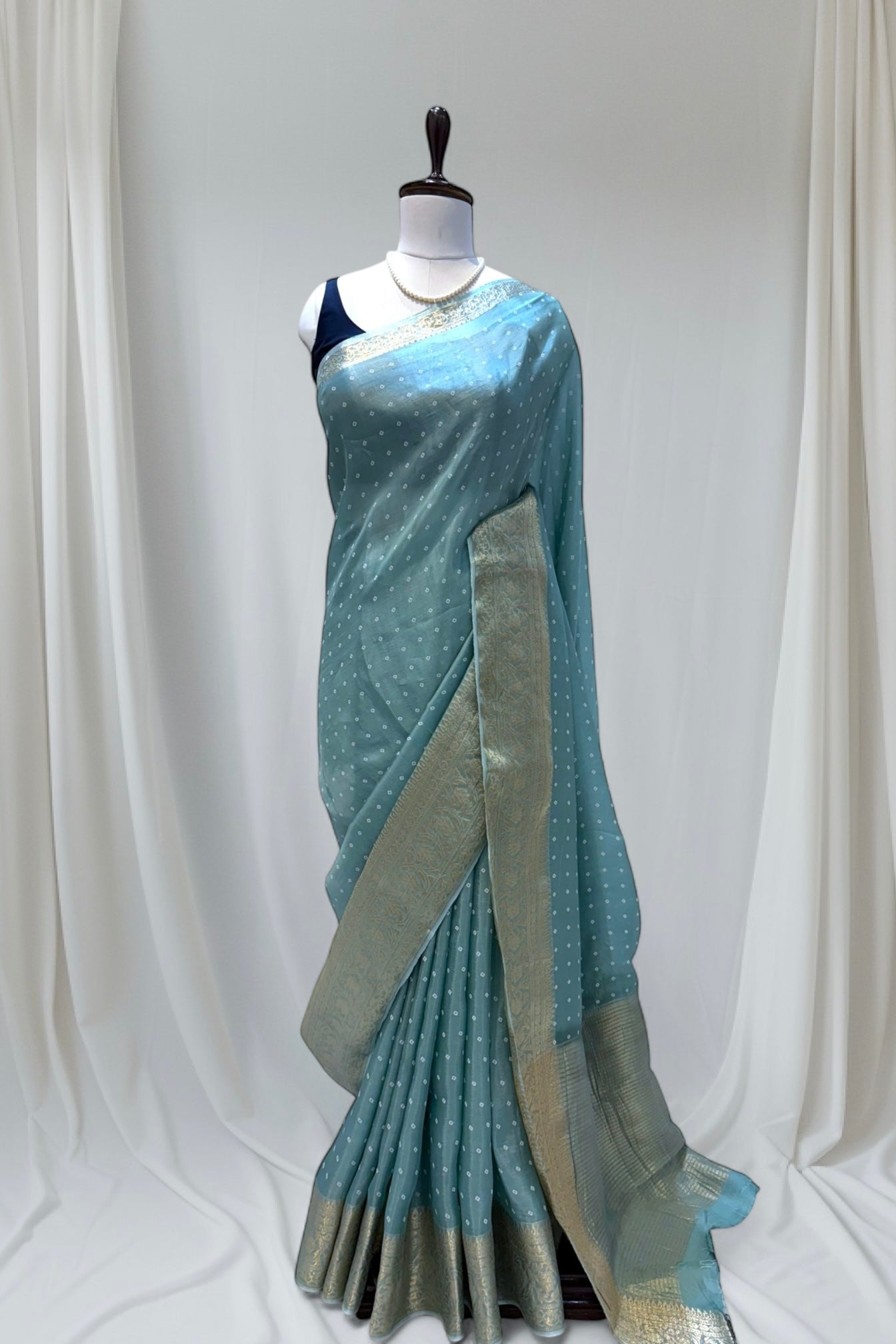 Bandhani print soft organza saree - Light blue