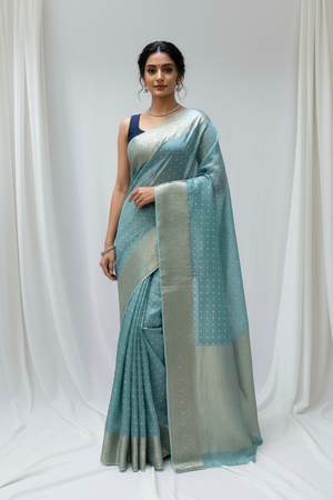 Bandhani print soft organza saree - Light blue