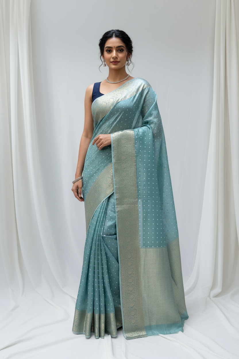 Bandhani print soft organza saree - Light blue