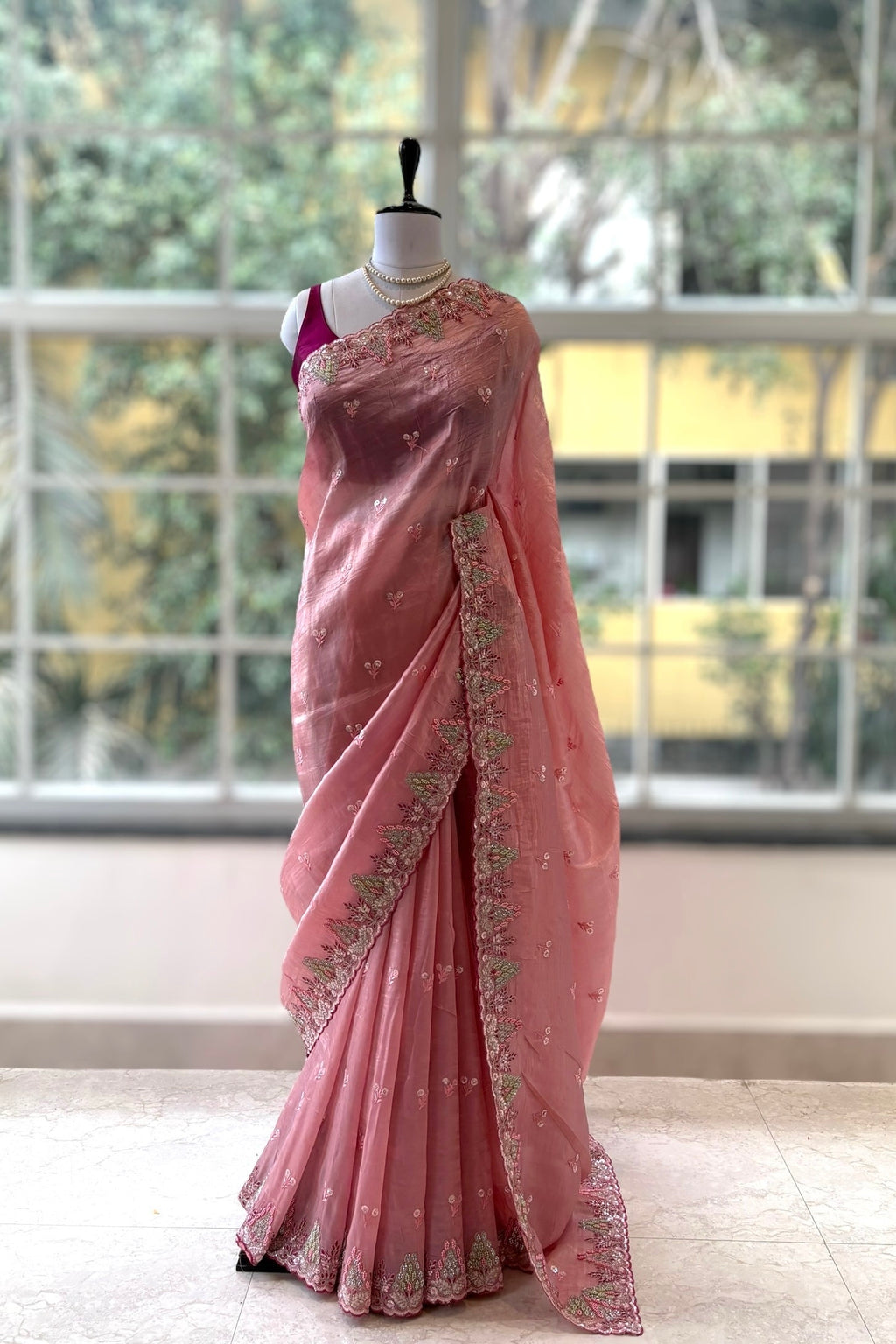Pink shimmer organza saree