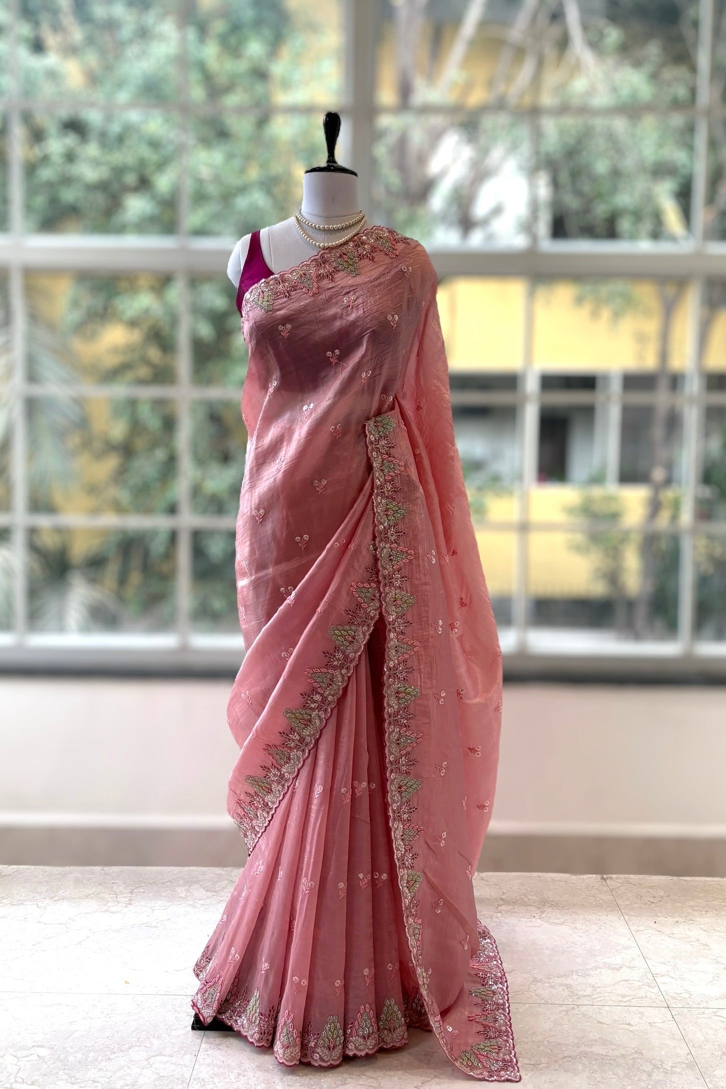 Pink shimmer organza saree